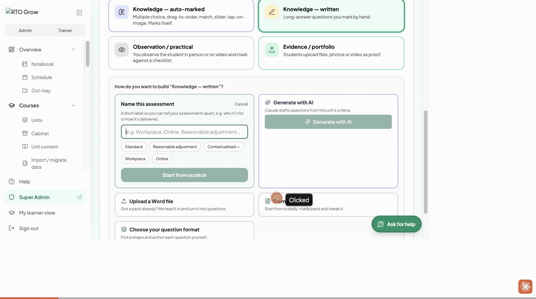 Choosing an assessment type, showing four cards for auto-marked, written, observation and evidence, plus build options including Generate with AI