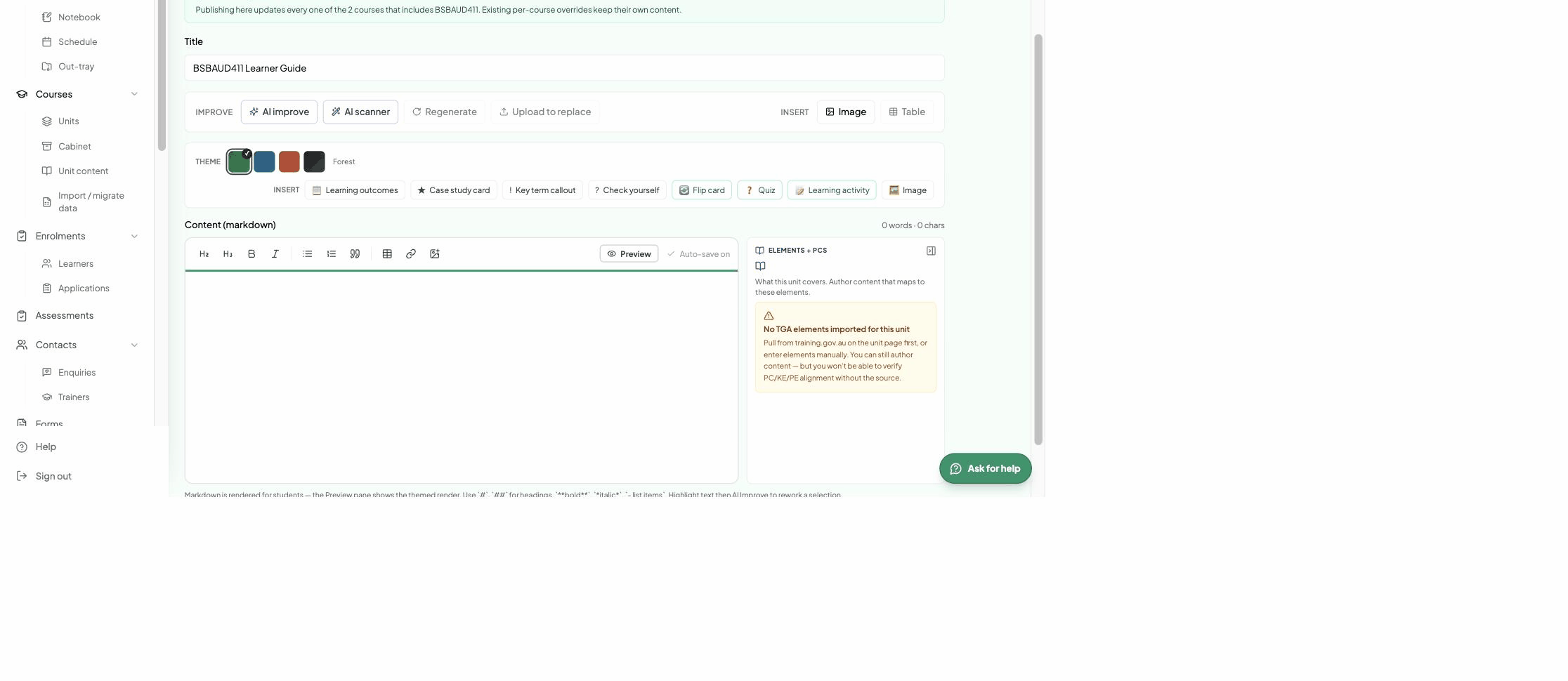 The learner guide editor with a theme picker, AI Improve and AI Scanner, content blocks such as learning outcomes, case study, key term and quiz, and a markdown editor with a live preview