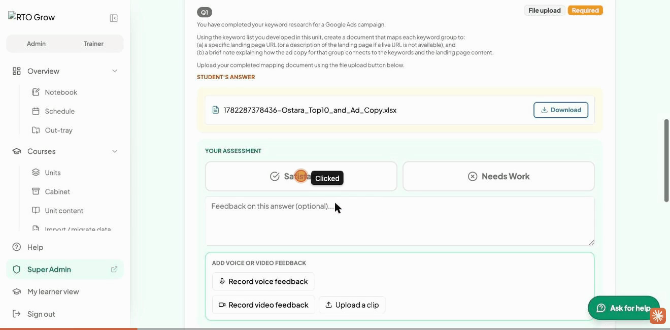 The marking view, showing a student's answer with Satisfactory and Needs Work buttons, a feedback box, and voice or video feedback options