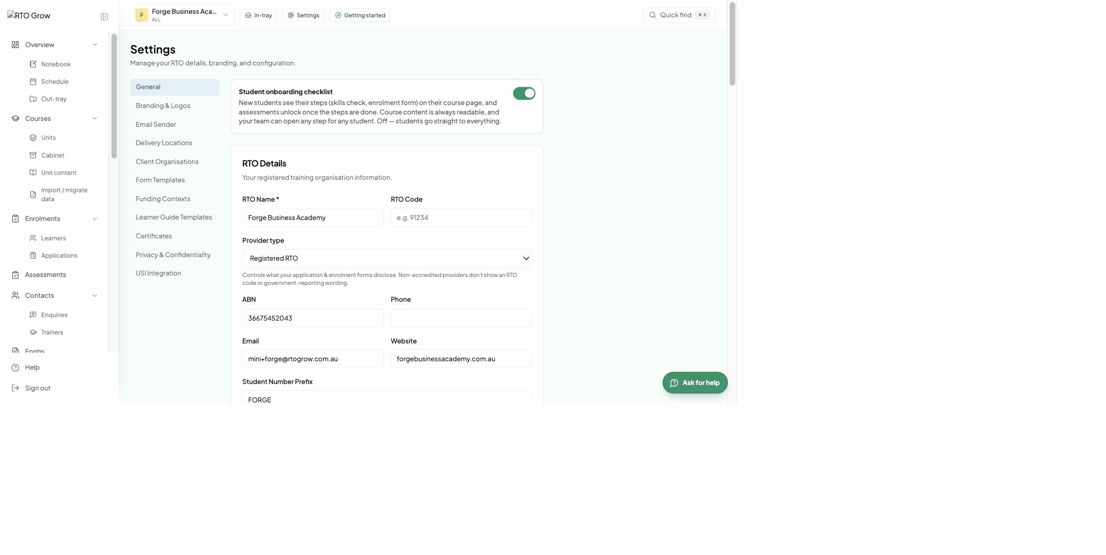 The Settings page with a left menu of General, Branding, Delivery locations, Funding contexts, Learner guide templates, Certificates and USI integration