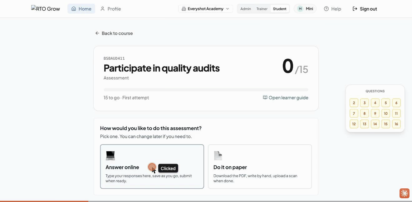 The student view of an assessment, with a progress bar and a choice to answer online or on paper